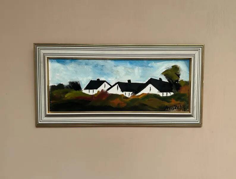 Original Swedish Oil on Panel – “Landscape with Farm” by Louis Zelig – Signed – Vintage & Framed – 78 × 39 cm (30.7" × 15.4")