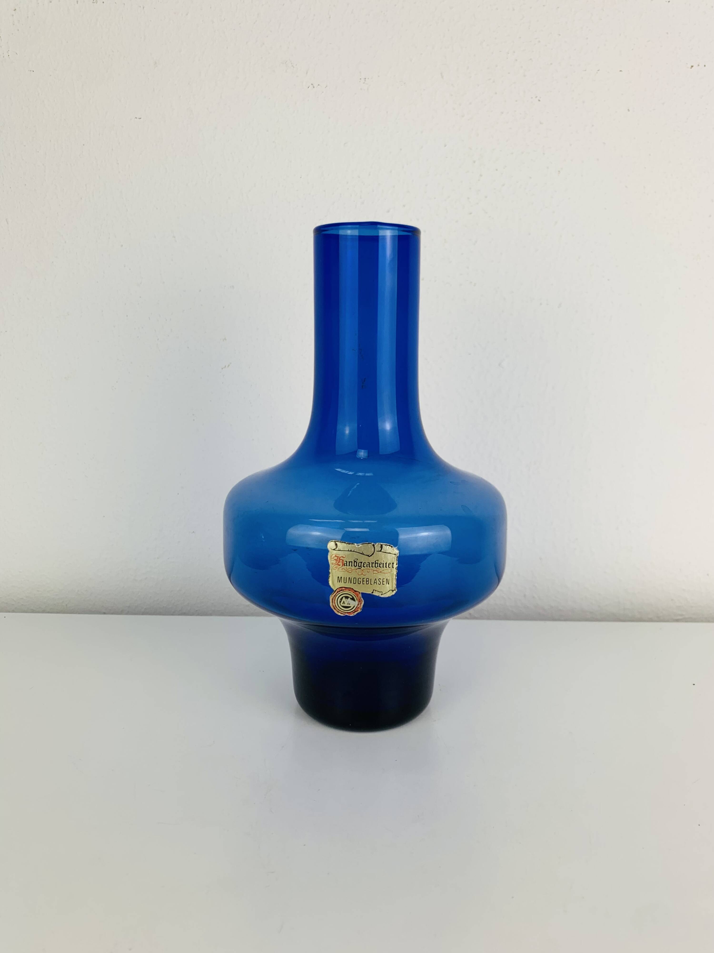 Blue glass vase in Scandinavian style from the 1960s, mouth-blown.