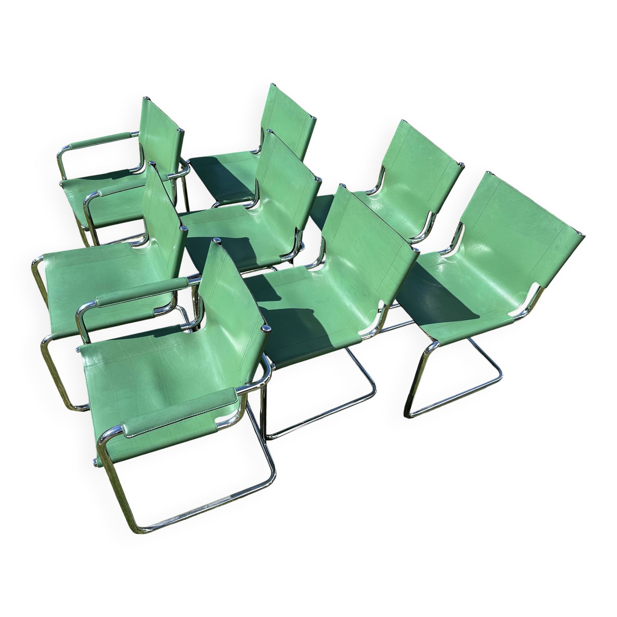 Set of 6 Chairs and 2 Matteo Grassi Armchairs in leather - rare "Basque" green