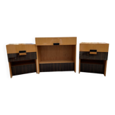 Mid-century brown and black lacquer dressing table set with 2 bedside tables.