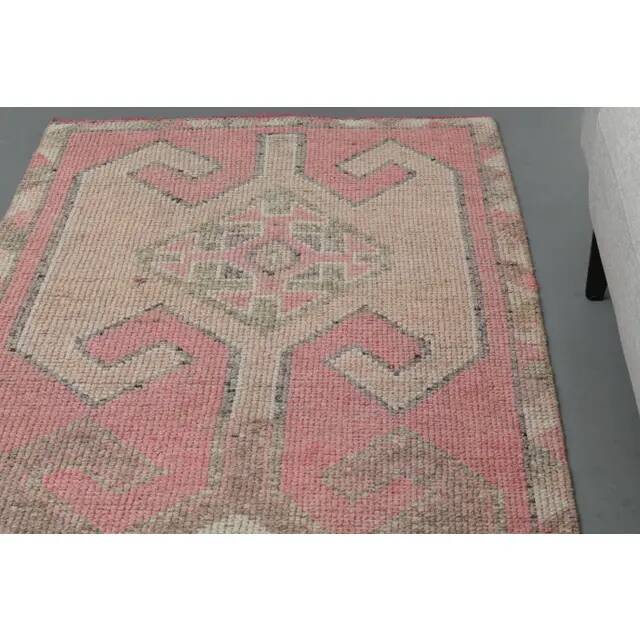 1970s Vintage Turkish Handmade Wool & Cotton Pink Runner Rug 100x339