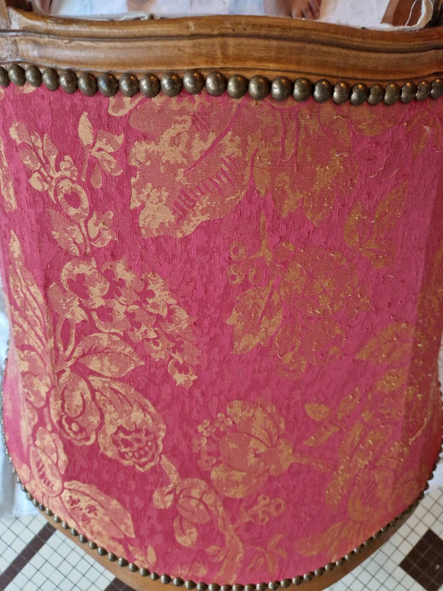 Pair of louis xv cabriolet armchairs with sculpted wood and pink & red floral fabric