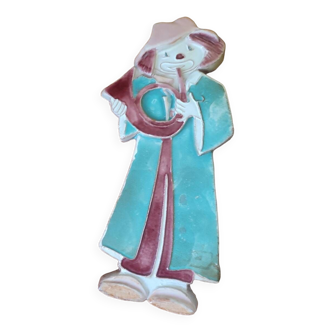 Clown musician enameled ceramic wall plaque