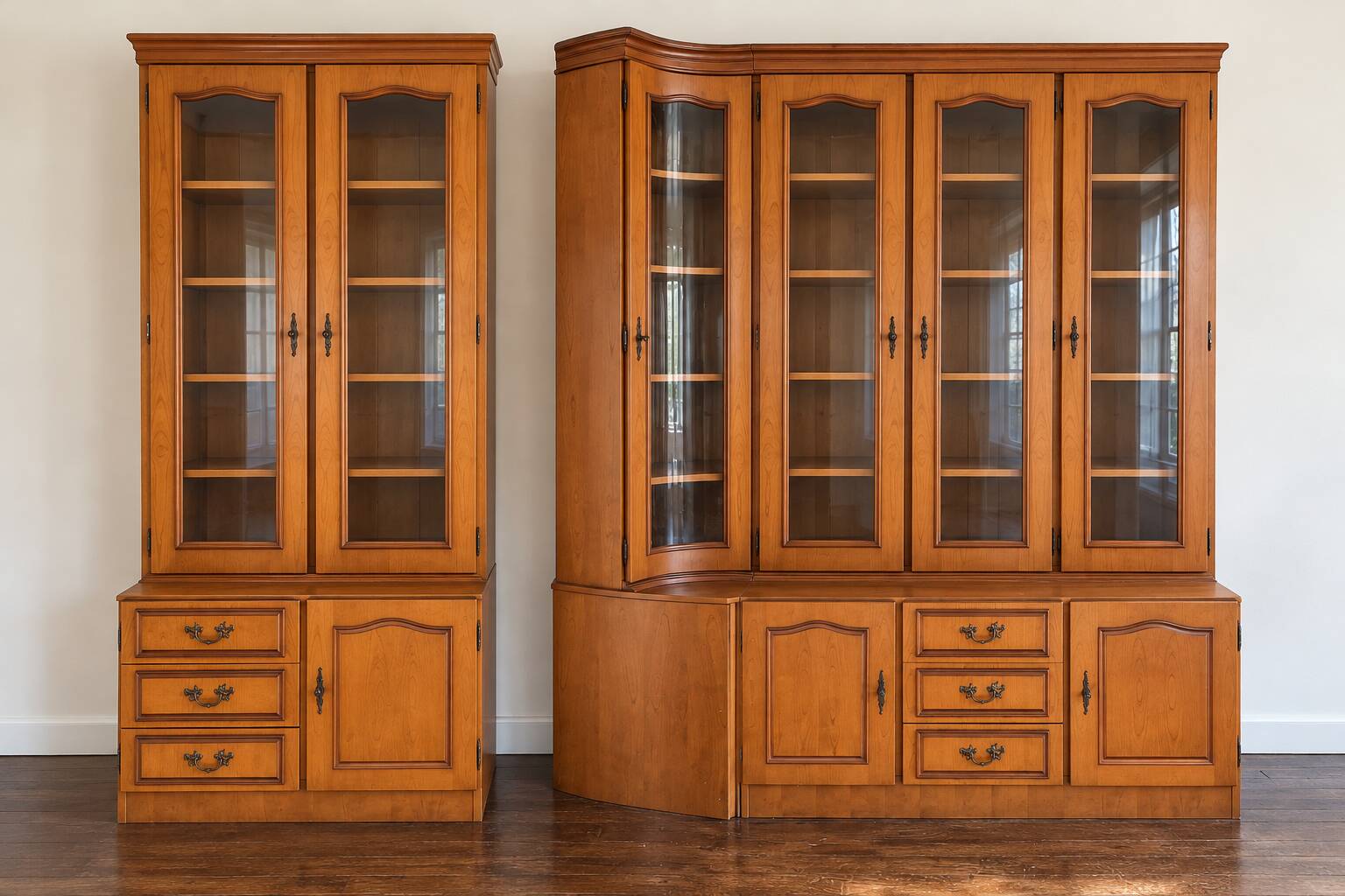 Showcase library in solid wood with two sections