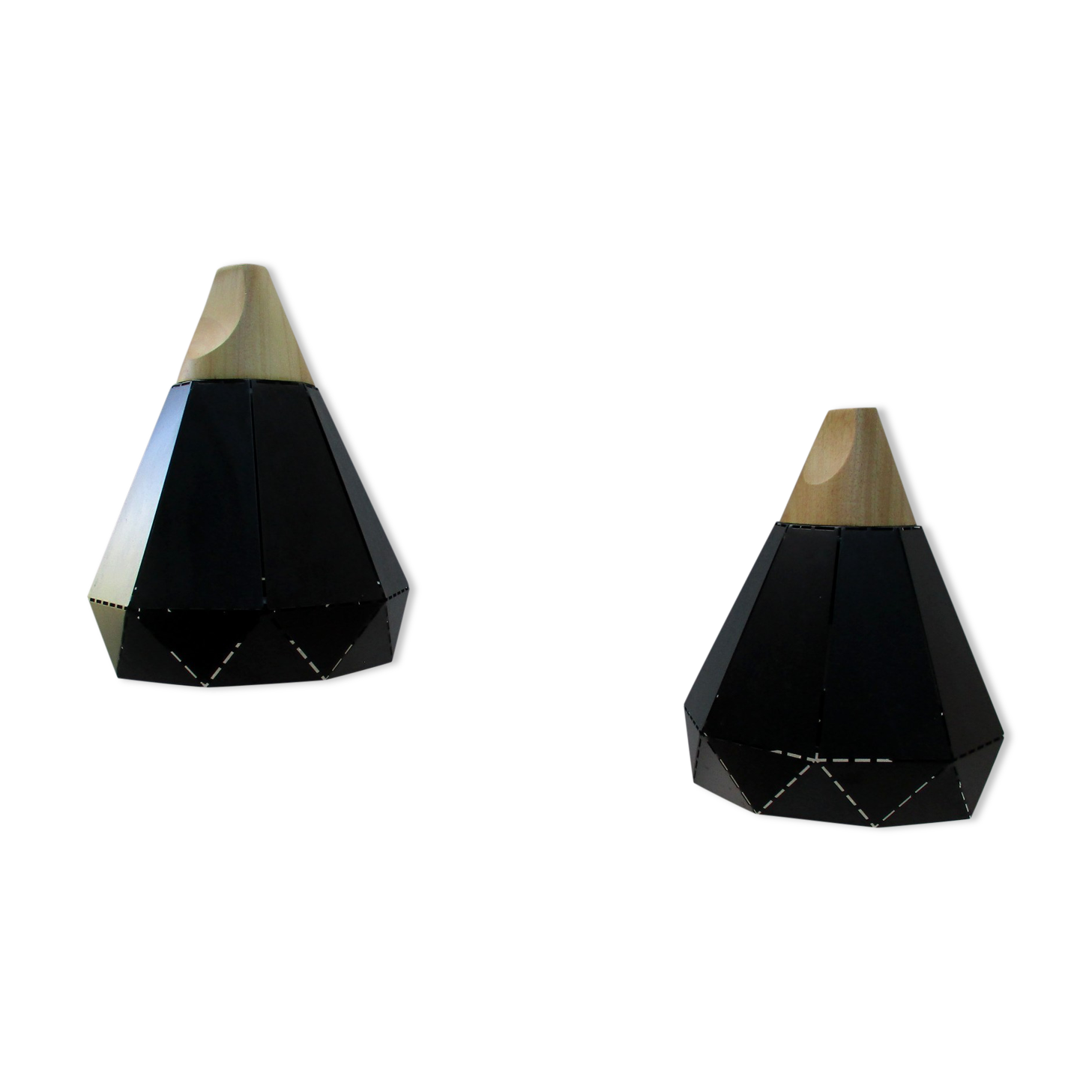 Two pendant lamps design black iron and light wood