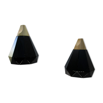 Two pendant lamps design black iron and light wood