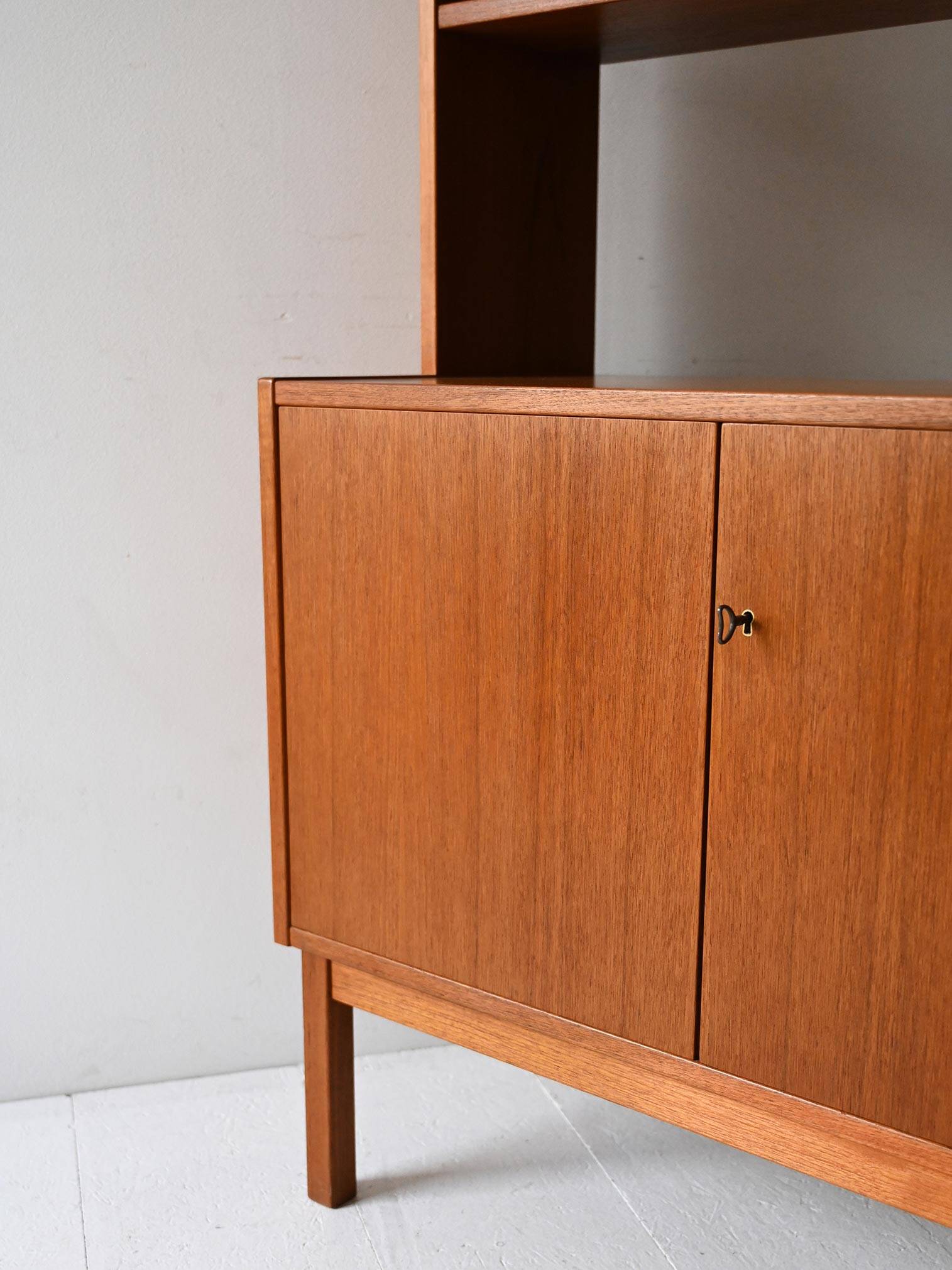 Vintage Scandinavian bookcase with hinged doors and open shelves