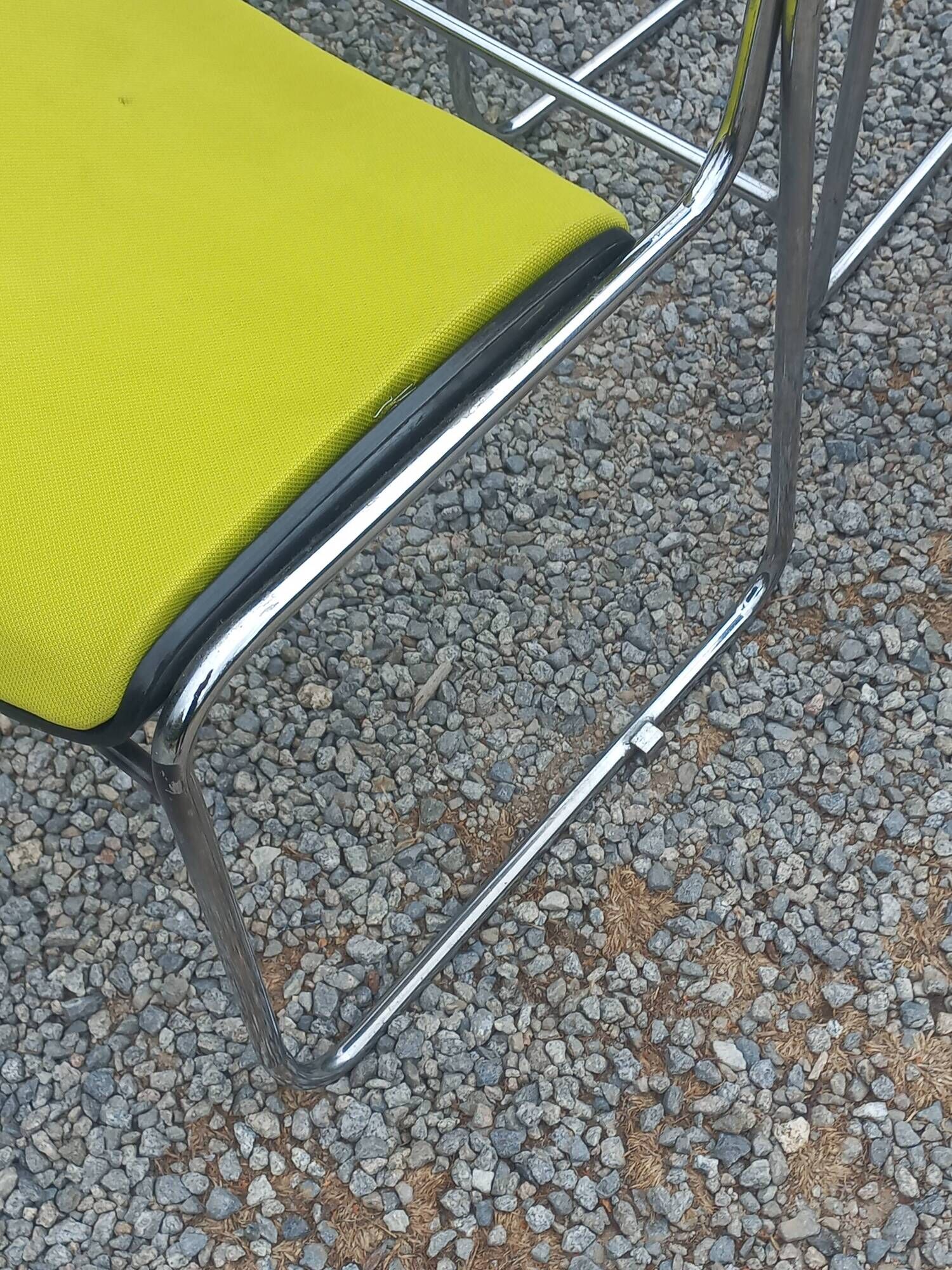 Set of 6 designer chairs with wooden seats and backs, chrome legs.