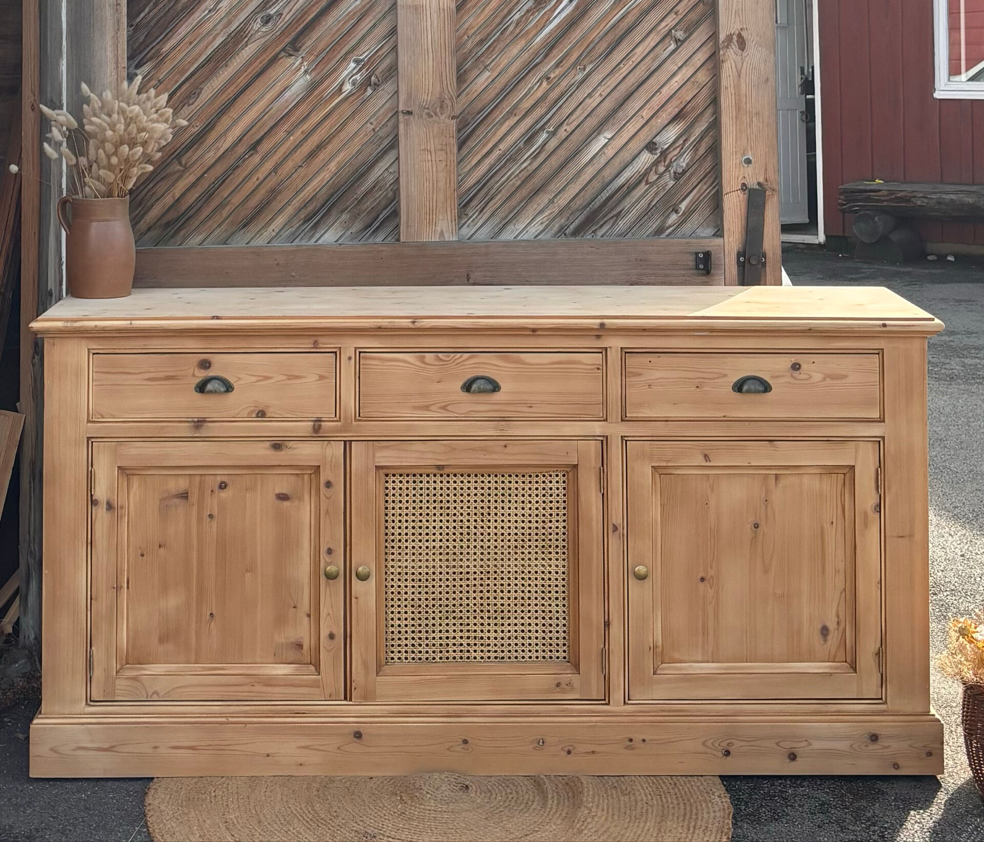 Renovated solid raw wood and cane sideboard - 3-door buffet