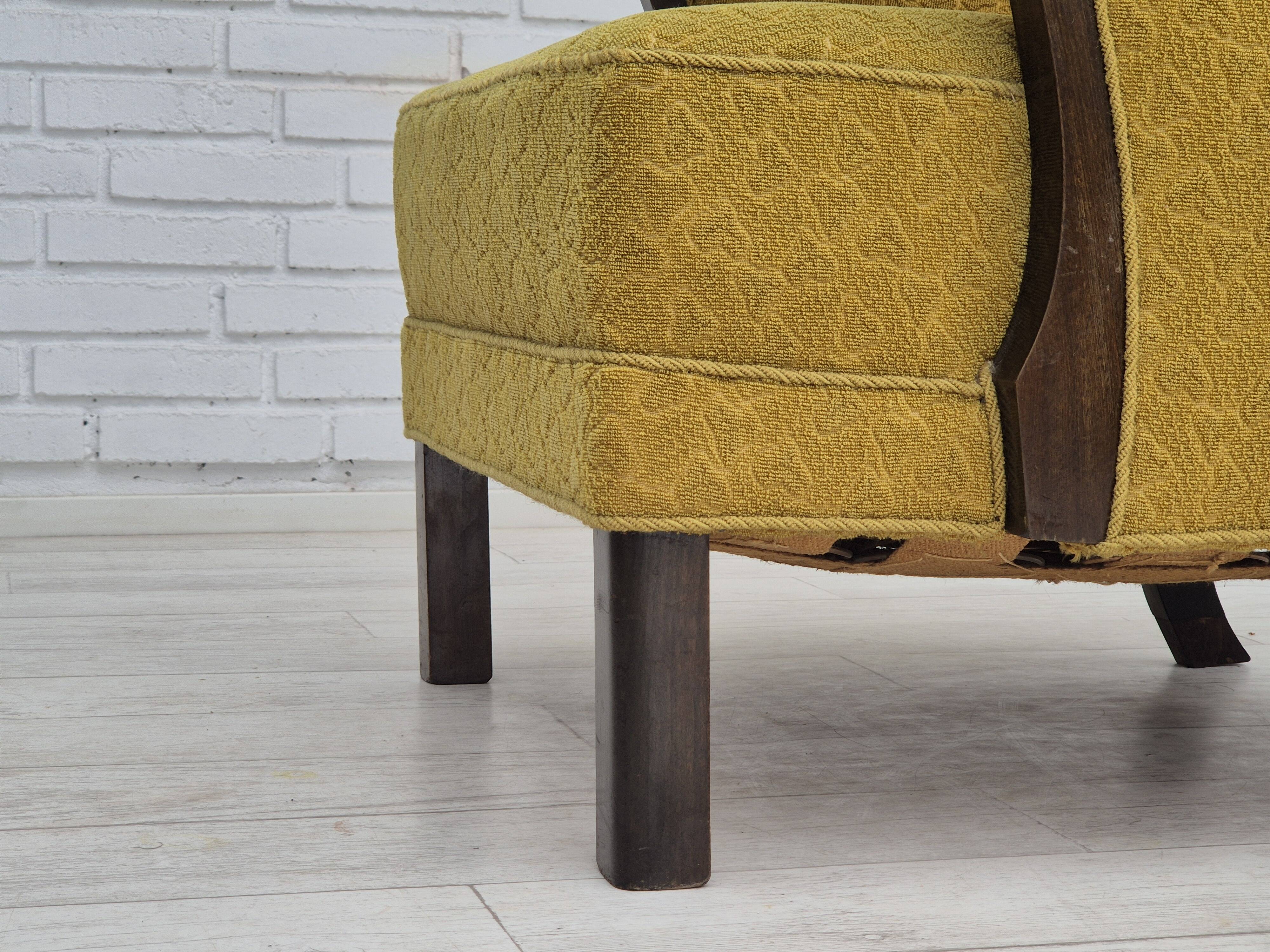 1950s, Danish vintage chair, light green cotton/wool fabric, beech wood.