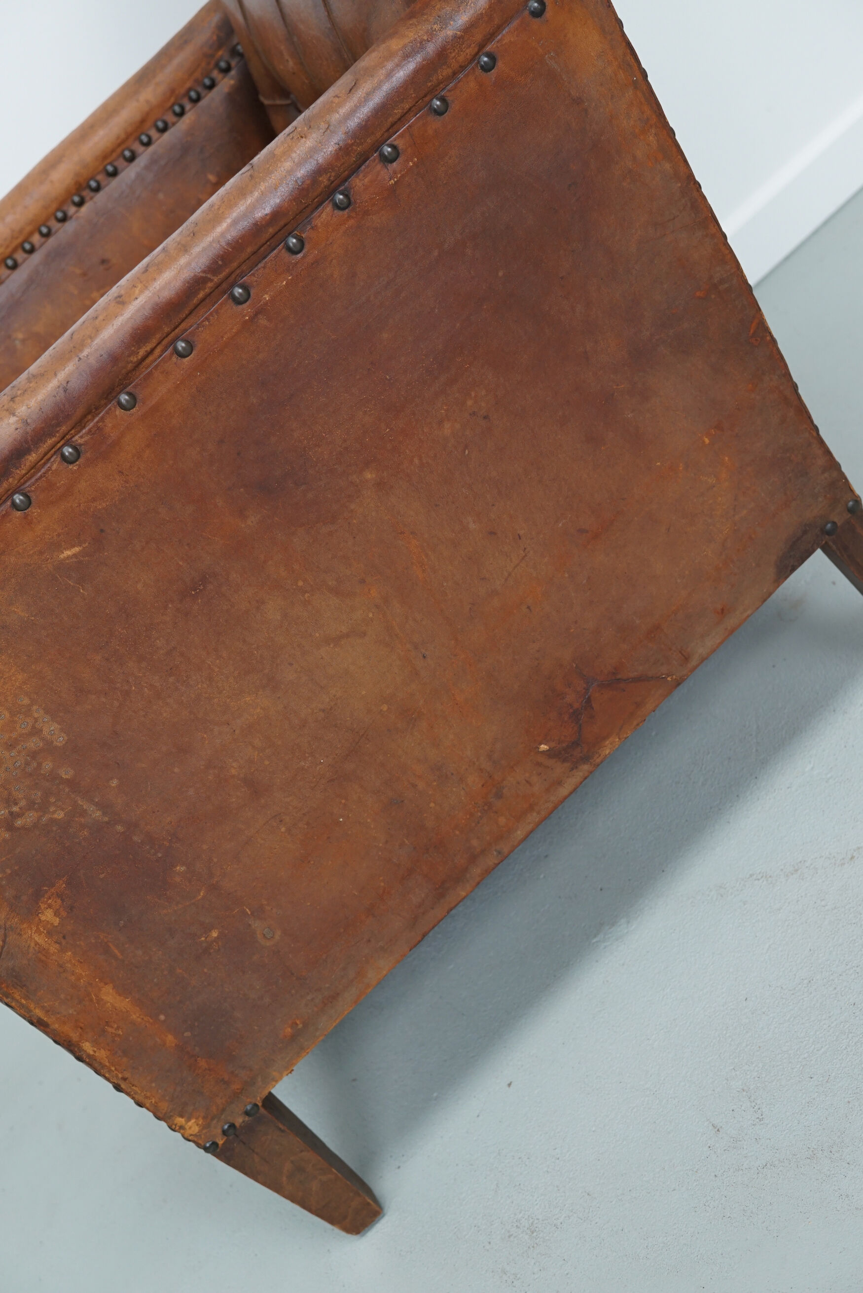 French cognac leather buttoned back club chair