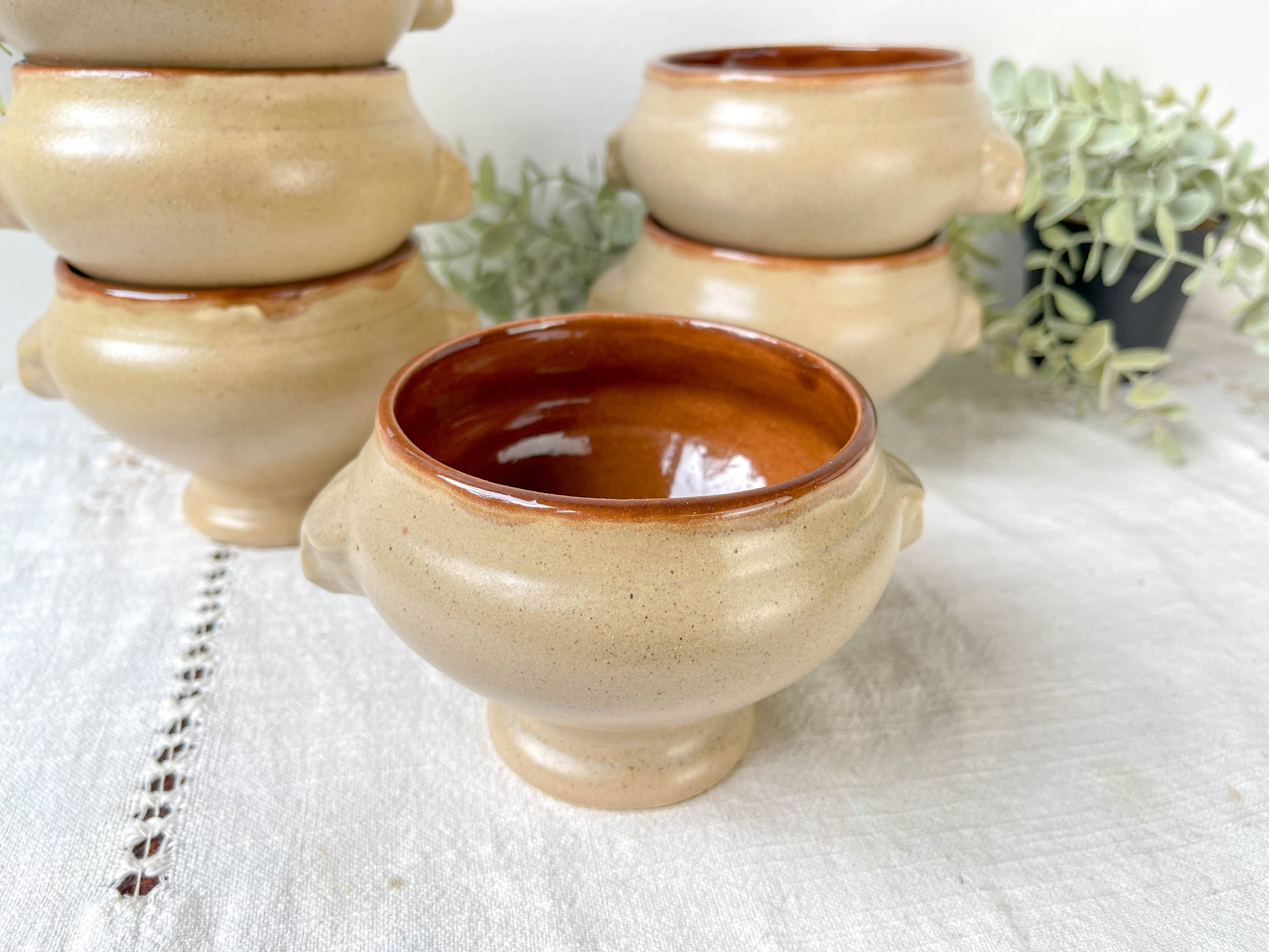 6 Vintage Emile Henry Ceramic Lion Head Onion Soup Bowls