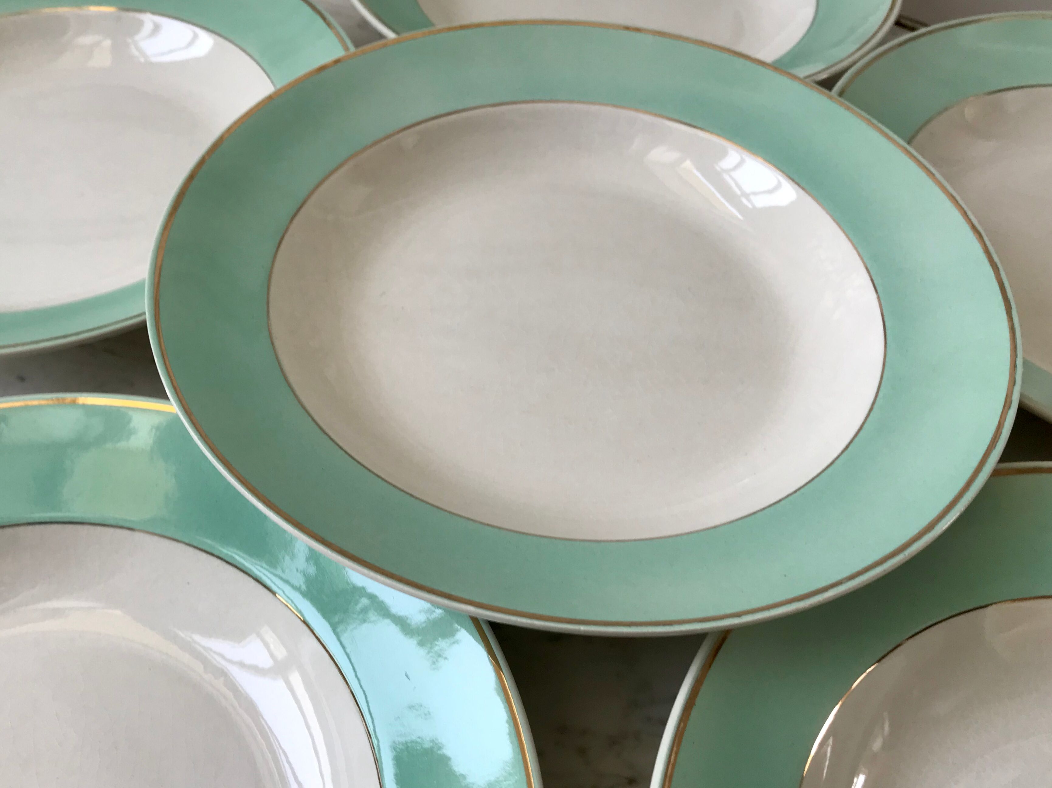 Lot de 6 assiettes creuses Longchamp couleur Céladon années 50