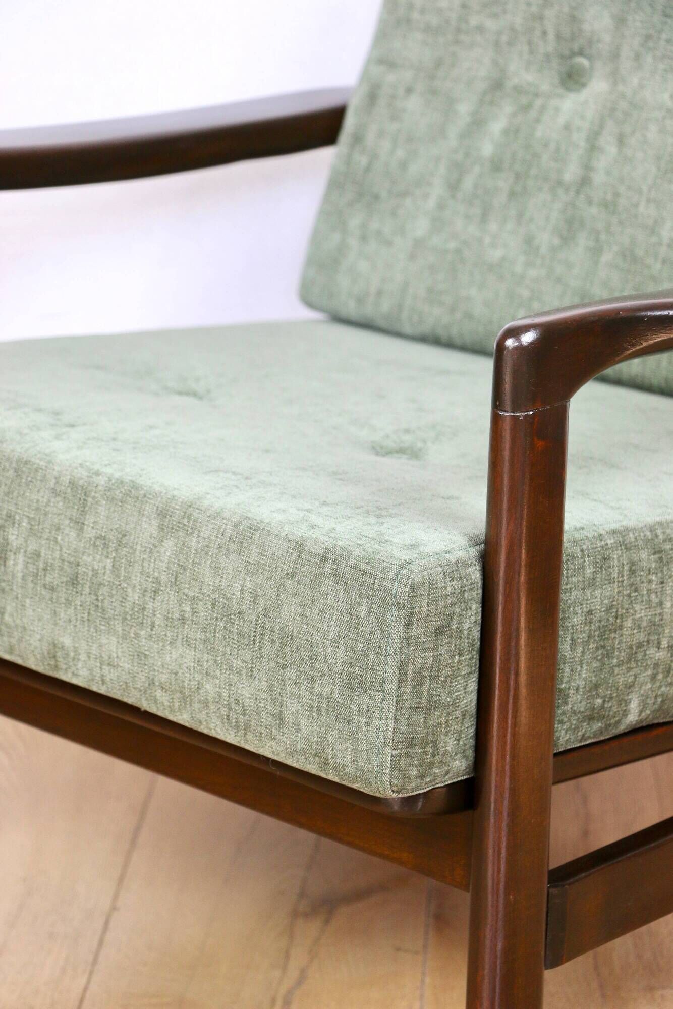Vintage brown wooden armchair green-olive jeans design by Z. Bączyk - 2 pieces available