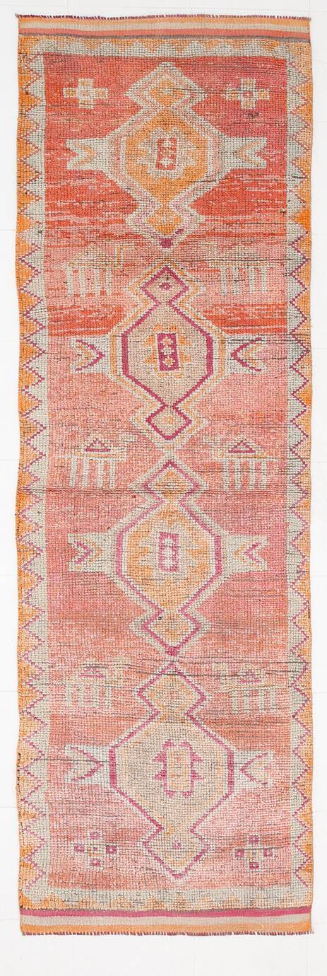 3x10 Coral Orange & Red Turkish Vintage Runner Rug, 98x322Cm