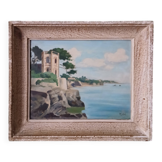 Vintage painting of a coastal landscape with a solitary fisherman.