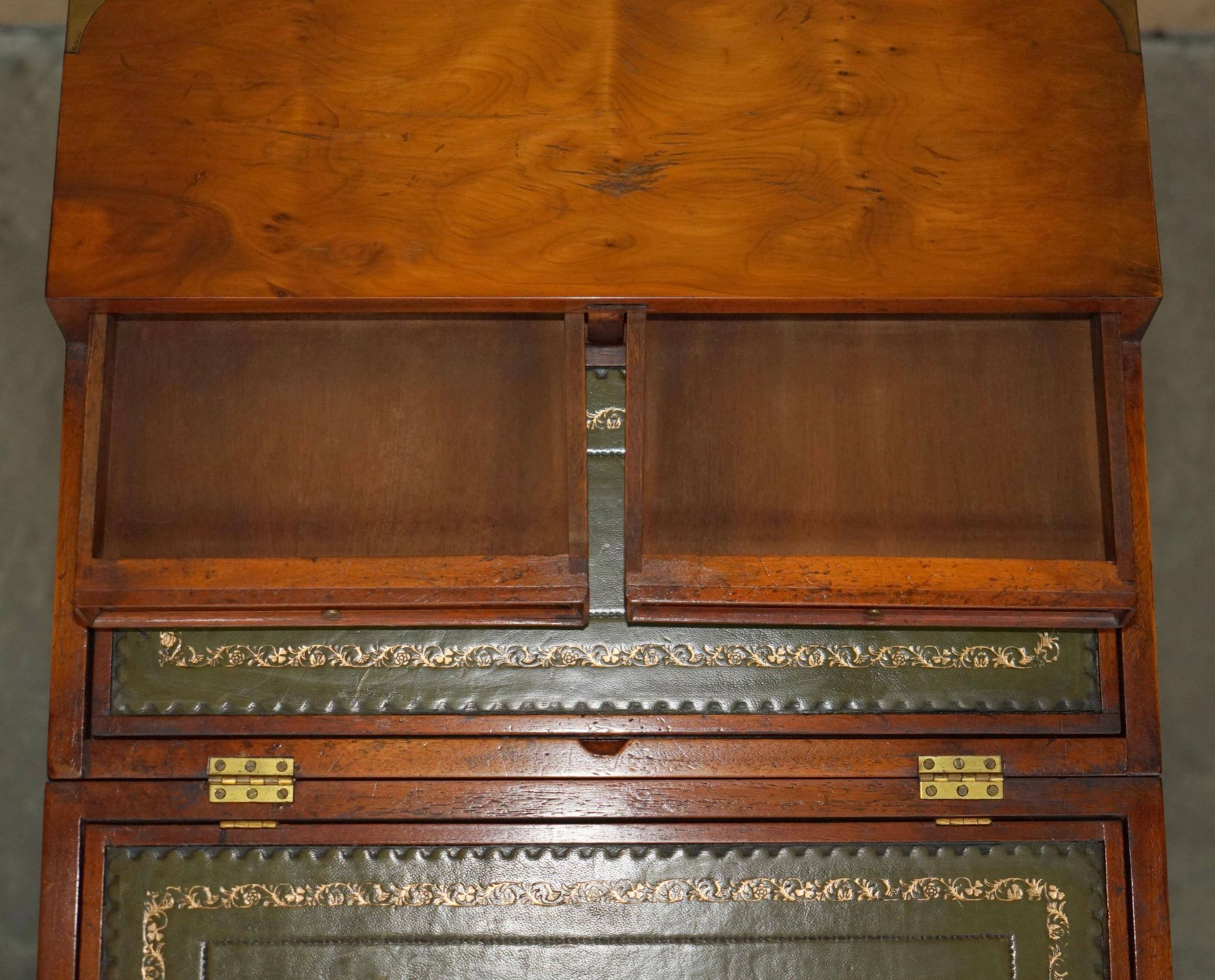 Military desk Harrods in Burr Yew wood with leather, country style.