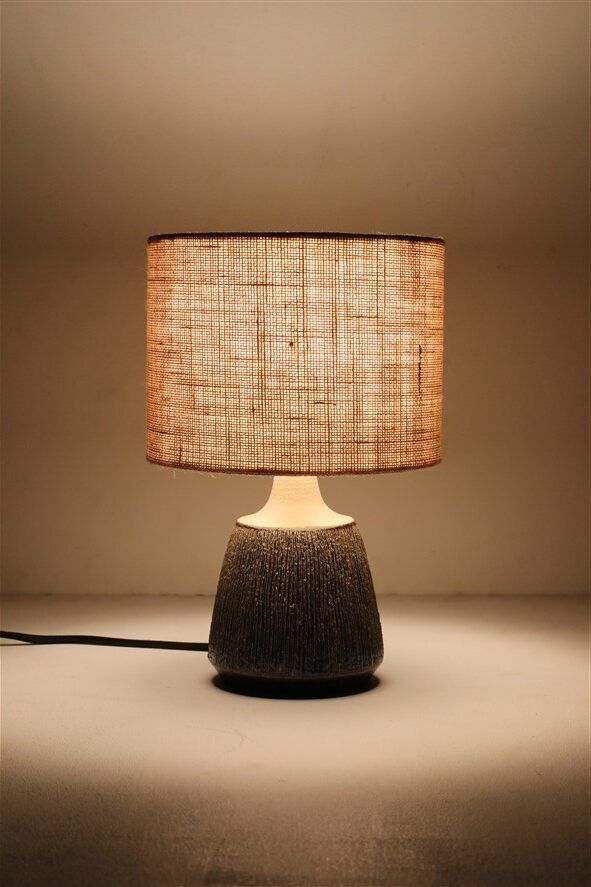 Rare handmade Søholm ceramic table lamp with jute lampshade / Mid-century Danish modern design / 1960s/1970s