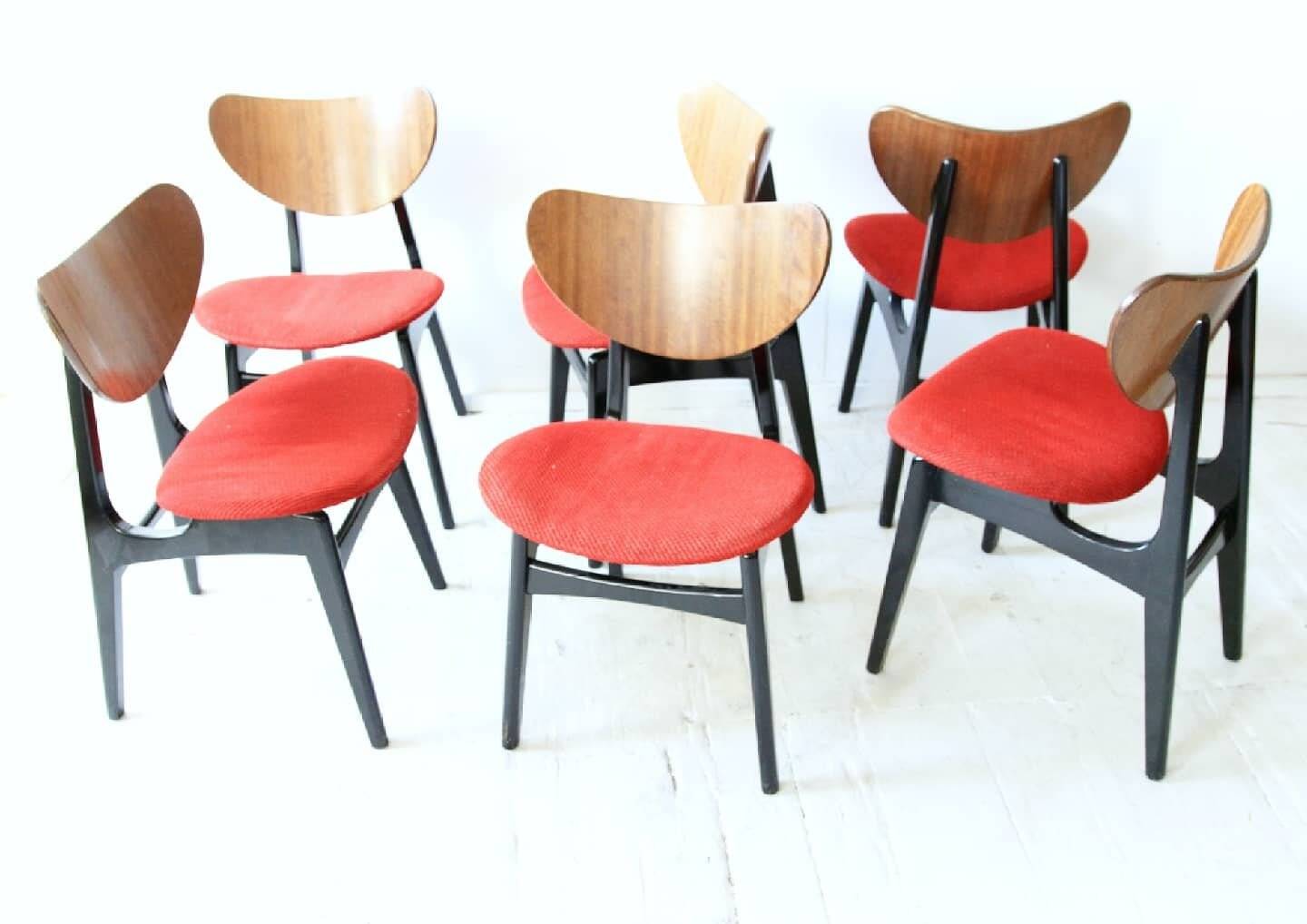 Mid-century mahogany wood and purple fabric set — drop-leaf table + 6 Butterfly chairs by G-Plan