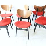 Mid-century mahogany wood and purple fabric set — drop-leaf table + 6 Butterfly chairs by G-Plan