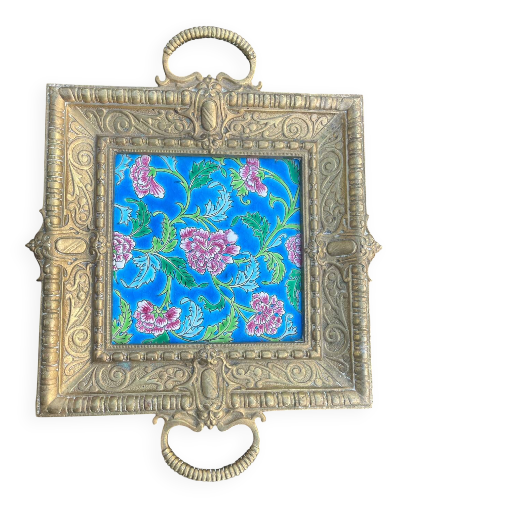 Antique bronze and faience vide-poche from Gien.