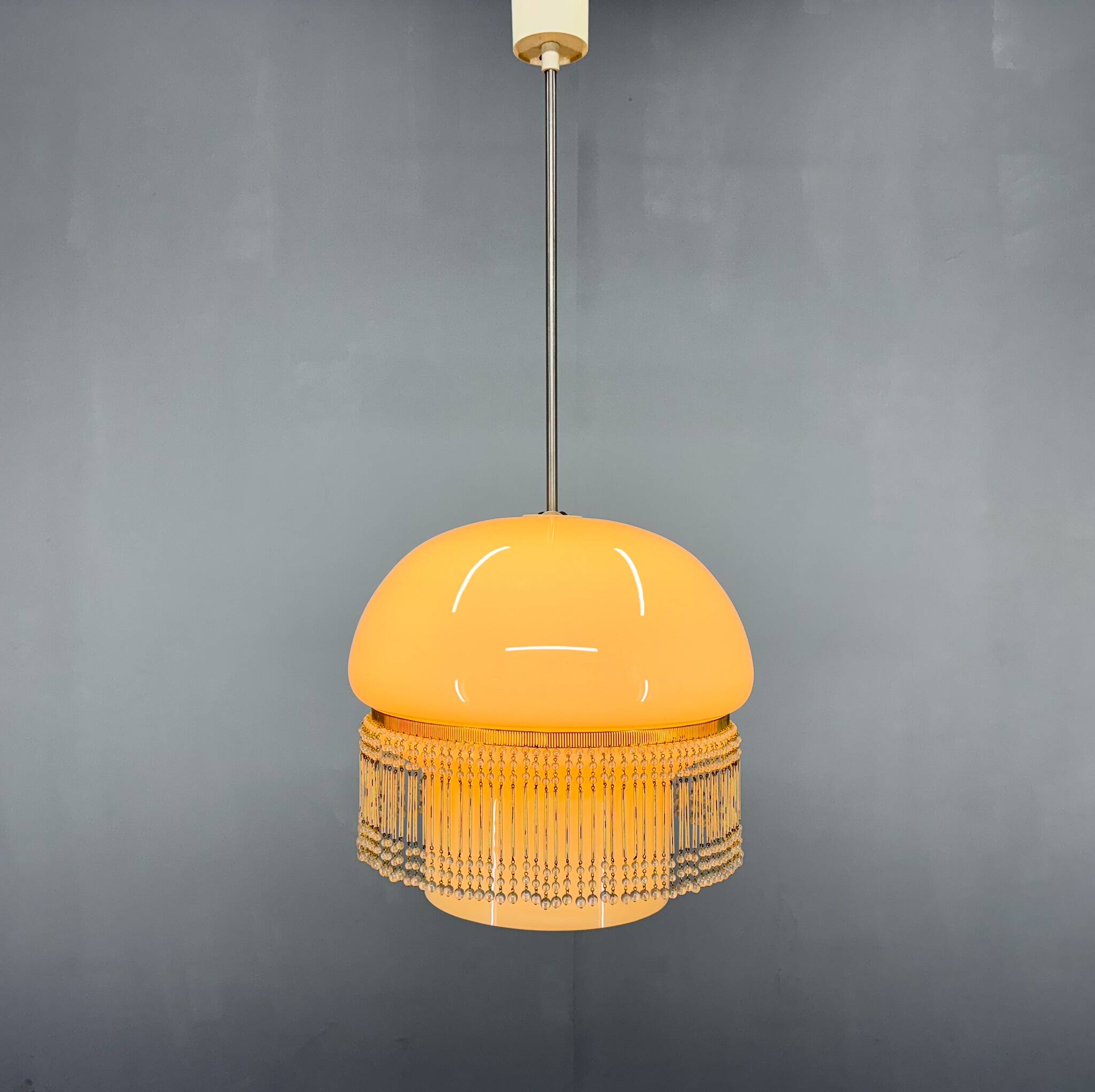 Mid-Century Opaline Glass Pendant Light with Brass Detail & Beads
