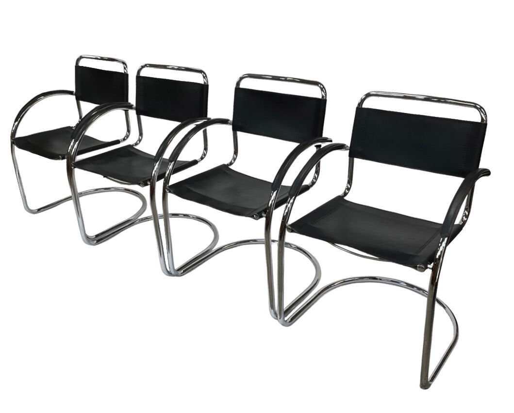 Set of 4 bauhaus cantilever chairs black leather and chrome design