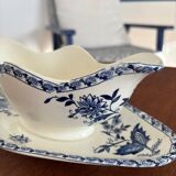 Saucière ancienne en terre de fer bleu et blanc