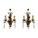 Pair of vintage Italian wall lamps in gilded metal, glass grapevines. Year 60