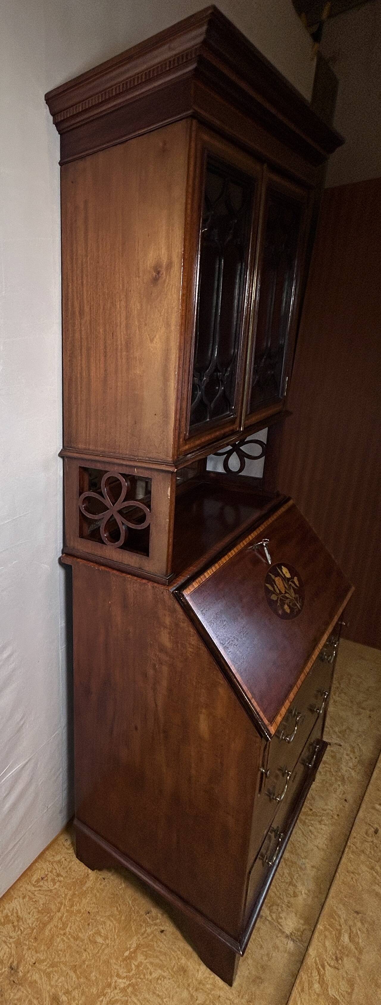 Antique Edwardian Bureau Bookcase with Inlaid Floral Detail – Early 20th Ce