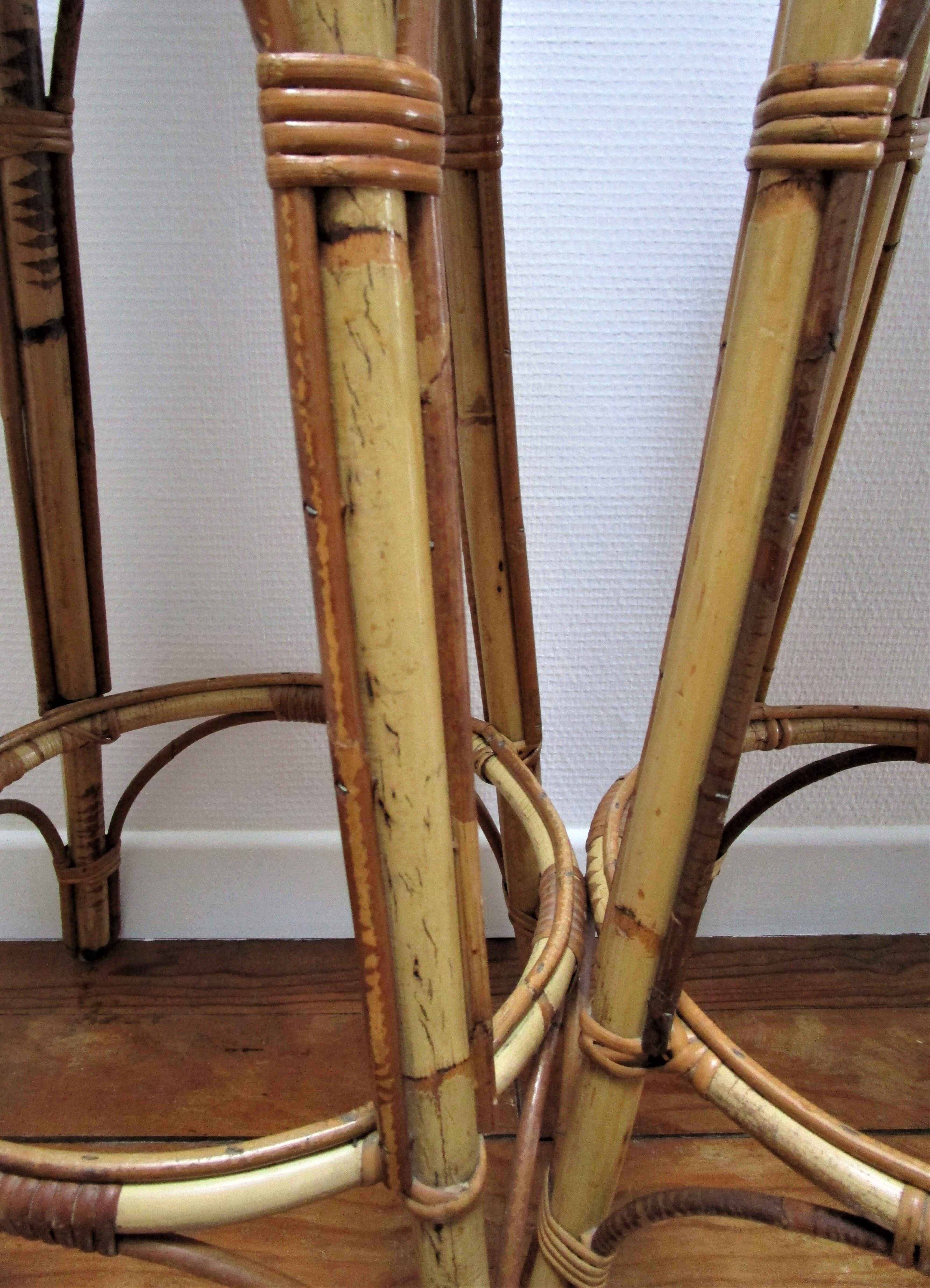 Pair of rattan bar stools and vintage bamboo