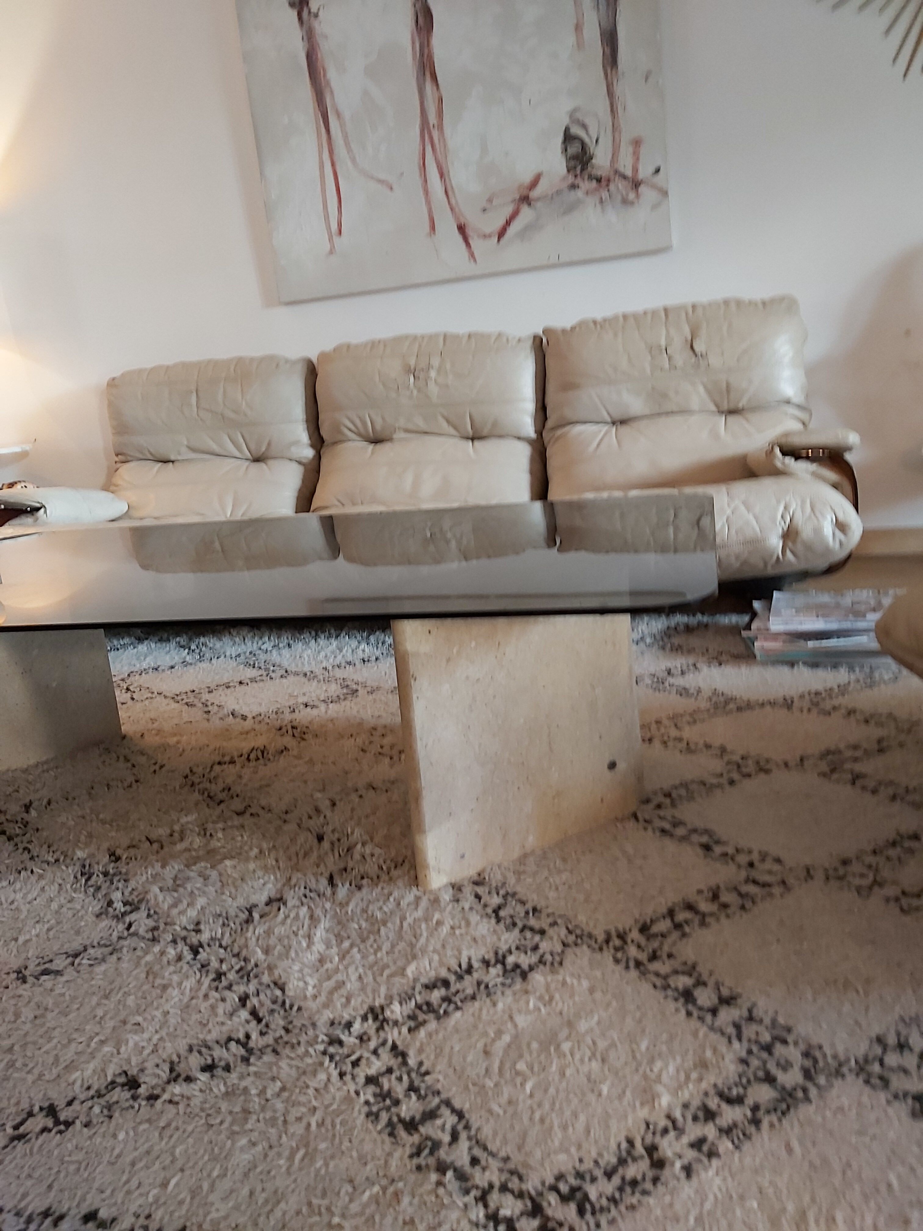 Large travertine coffee table and smoked glass