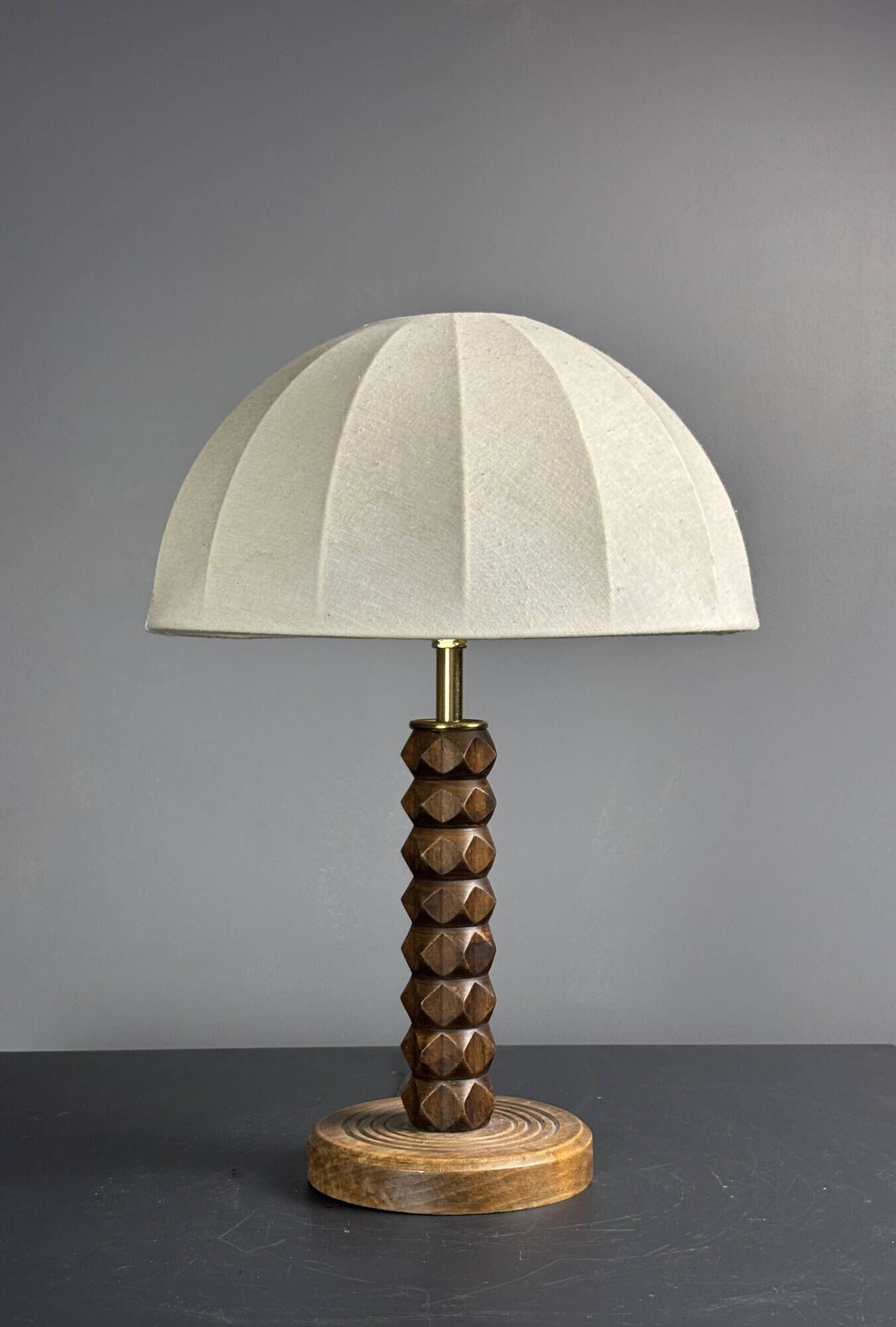 Midcentury brutalist wood turned mushroom table lamp, Charles Dudouyt style