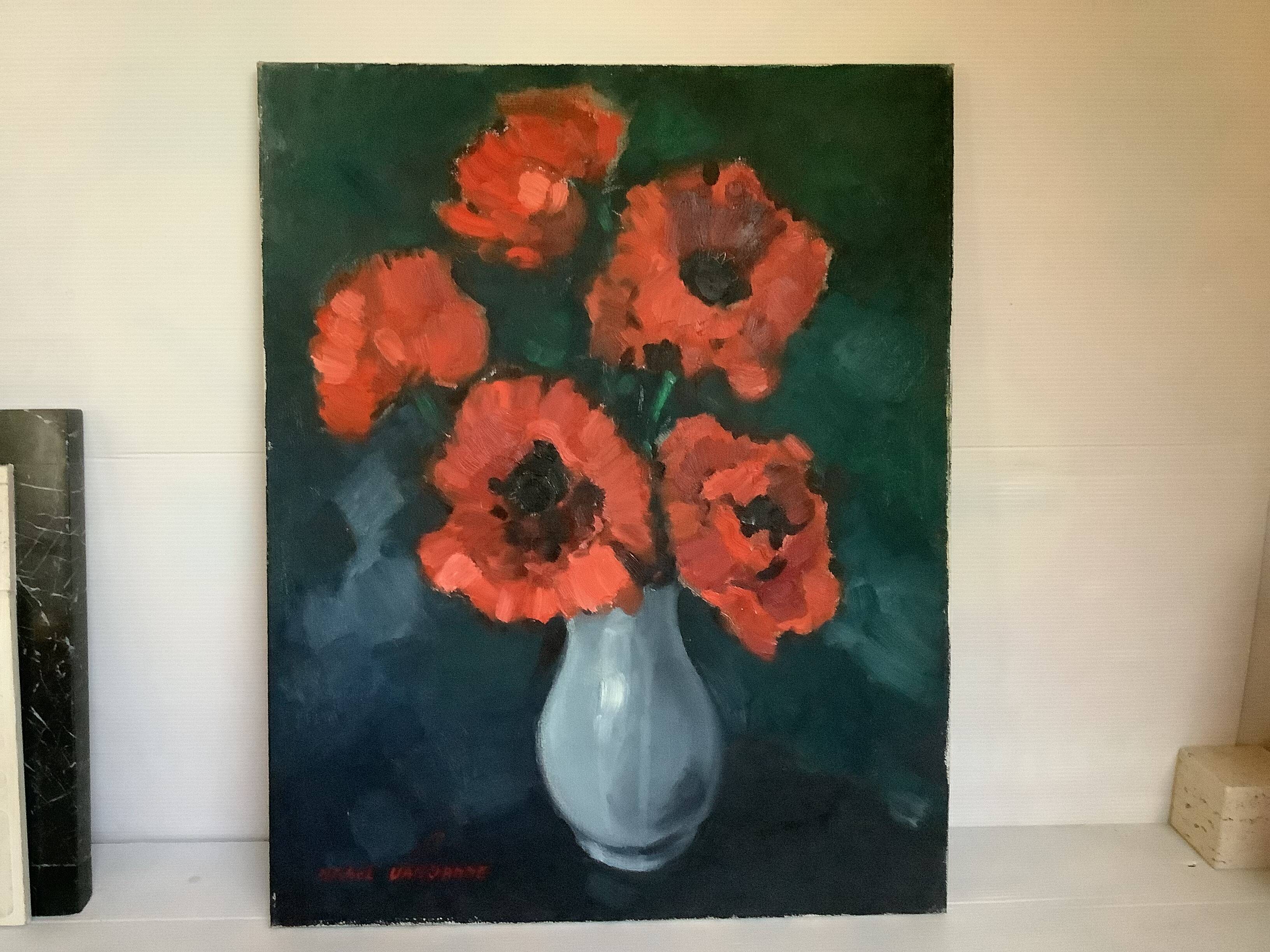 Large painting of a bouquet of flowers, oil on canvas, signed.