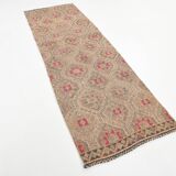 3x9 Faded Brown & Red Geometric Style Rug, Vintage Kilim Rug, 92x280Cm