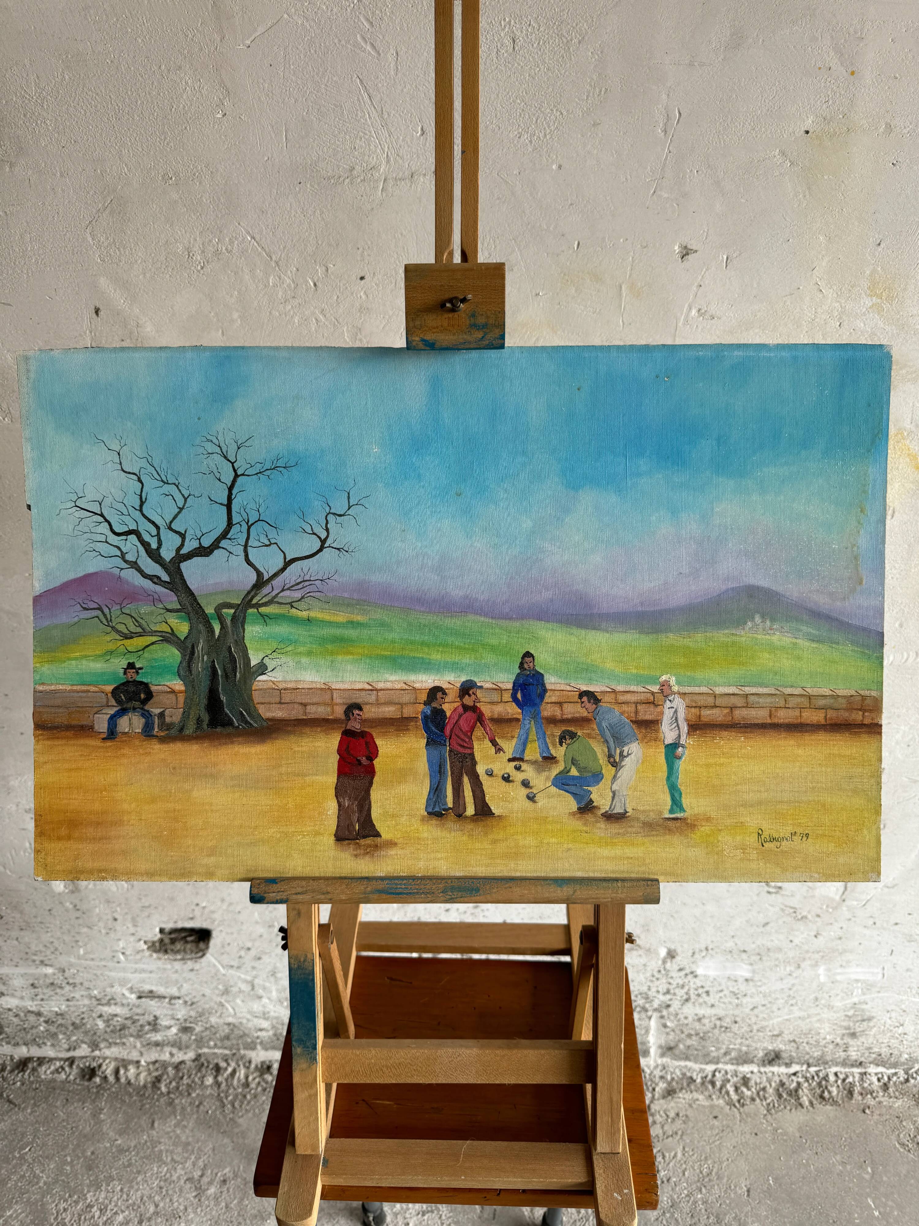 Jeux des Boules (1979) by Rossignol — Blue canvas painting, 61 x 38 x 3 cm, vintage French scene