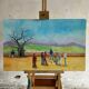 Jeux des Boules (1979) by Rossignol — Blue canvas painting, 61 x 38 x 3 cm, vintage French scene