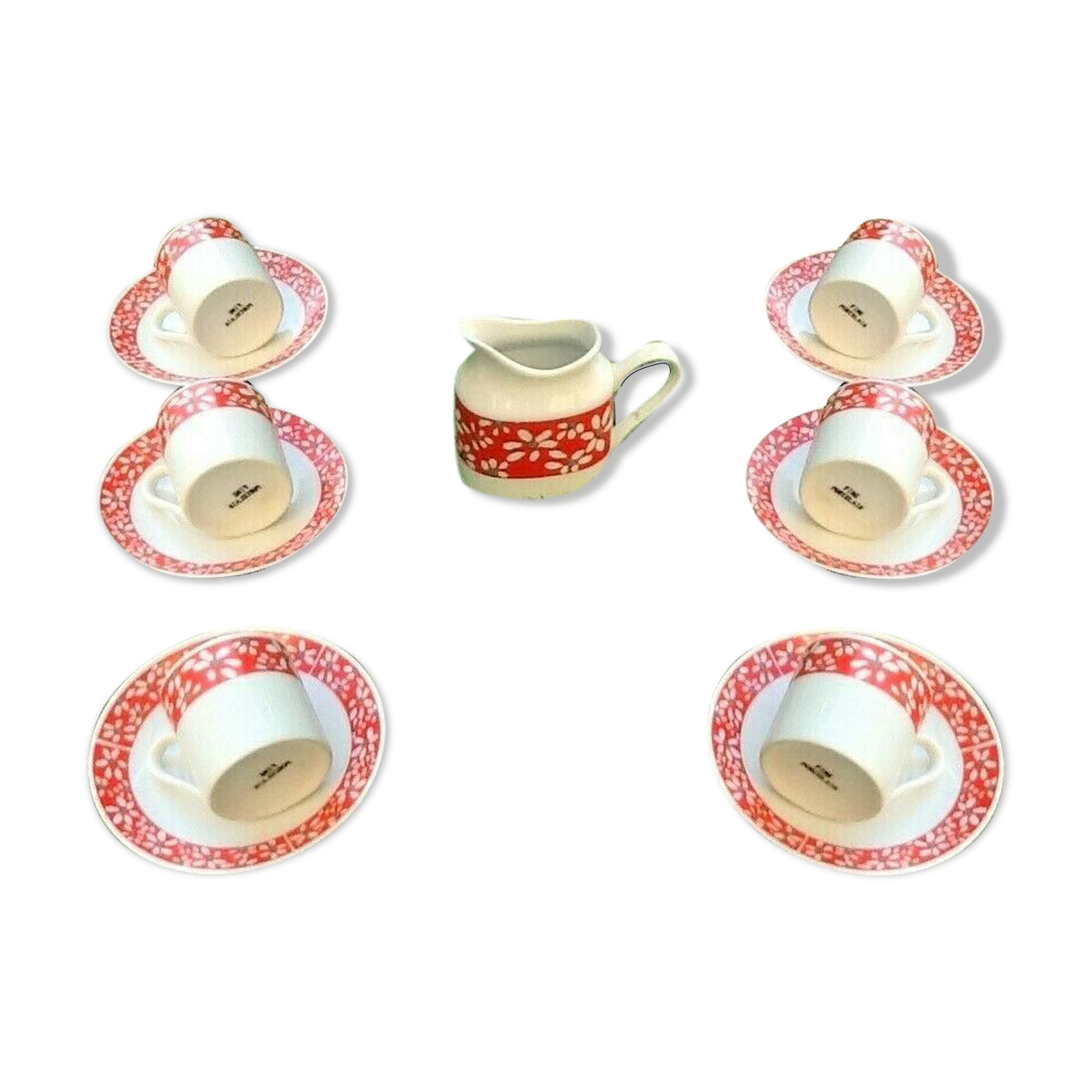 Suite of 6 coffee cups and milk pot, porcelain fine white with floral curly