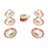 Suite of 6 coffee cups and milk pot, porcelain fine white with floral curly