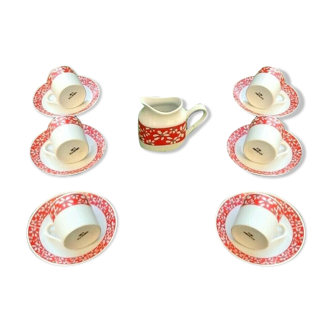 Suite of 6 coffee cups and milk pot, porcelain fine white with floral curly
