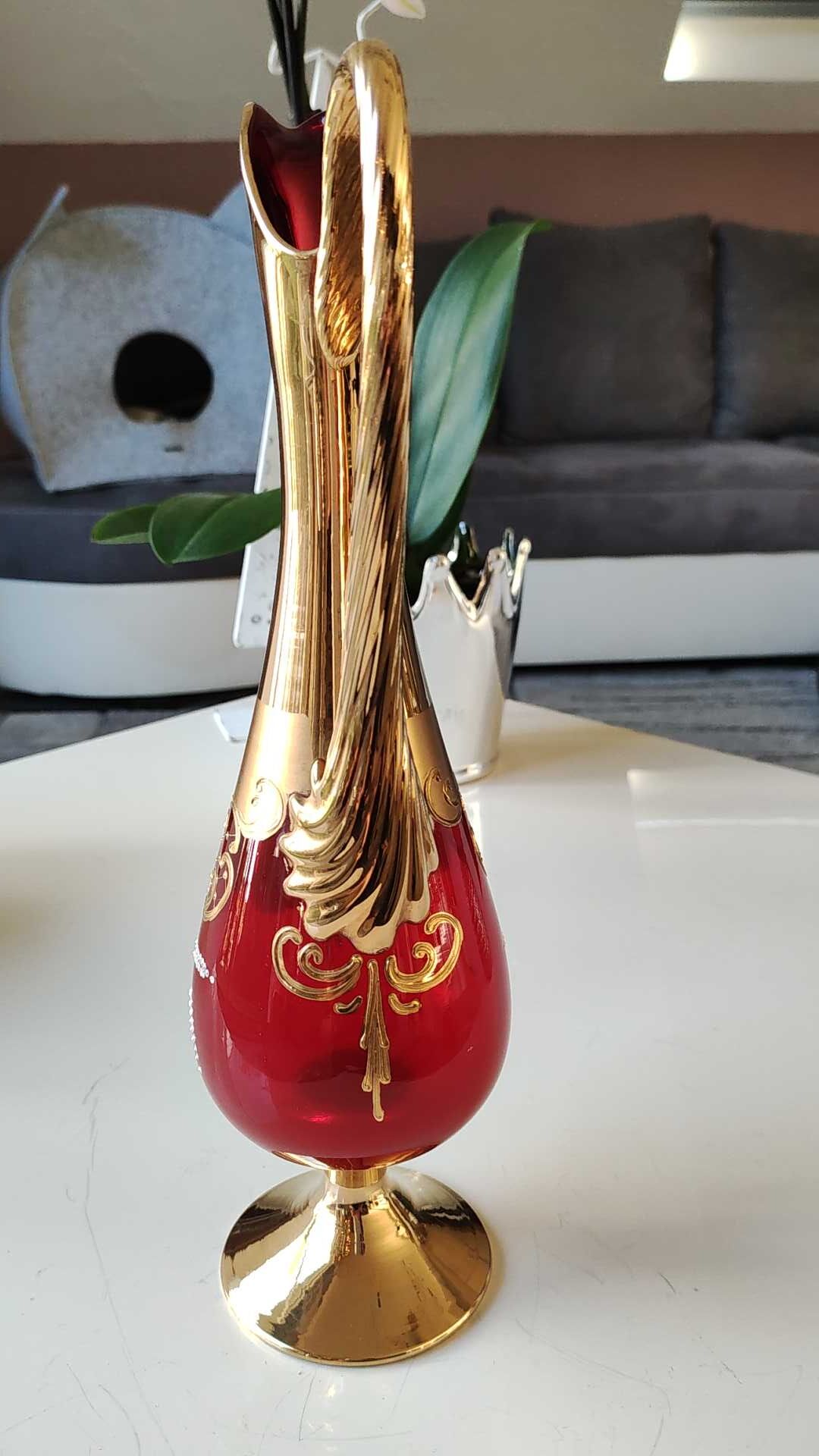Vase/Ewer in blown Murano Art Glass/Trefuochi model, in ruby red & gold colours