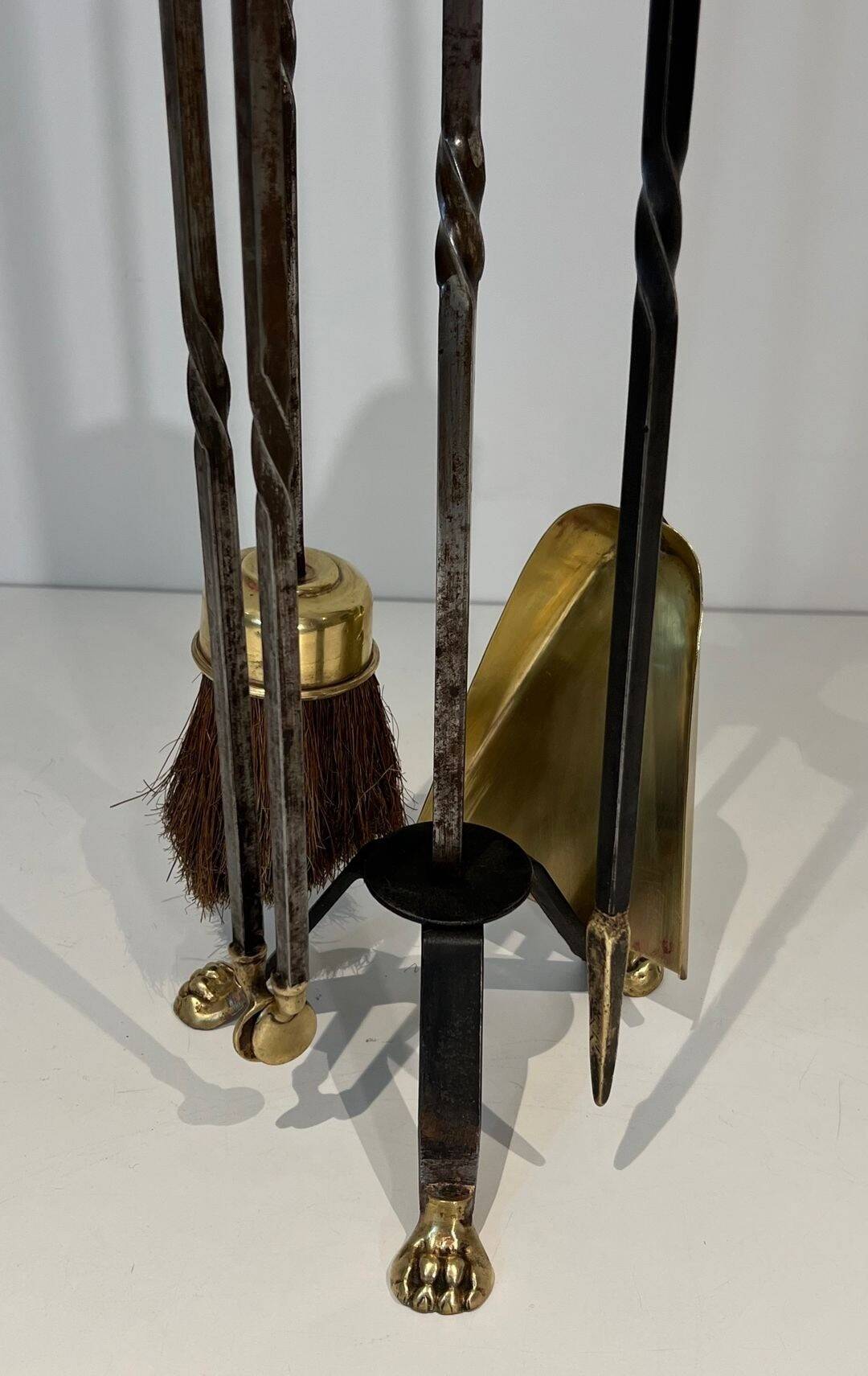 Fire Tool Set in Brass and Brushed Steel with Claw Feet, Attributed to the
