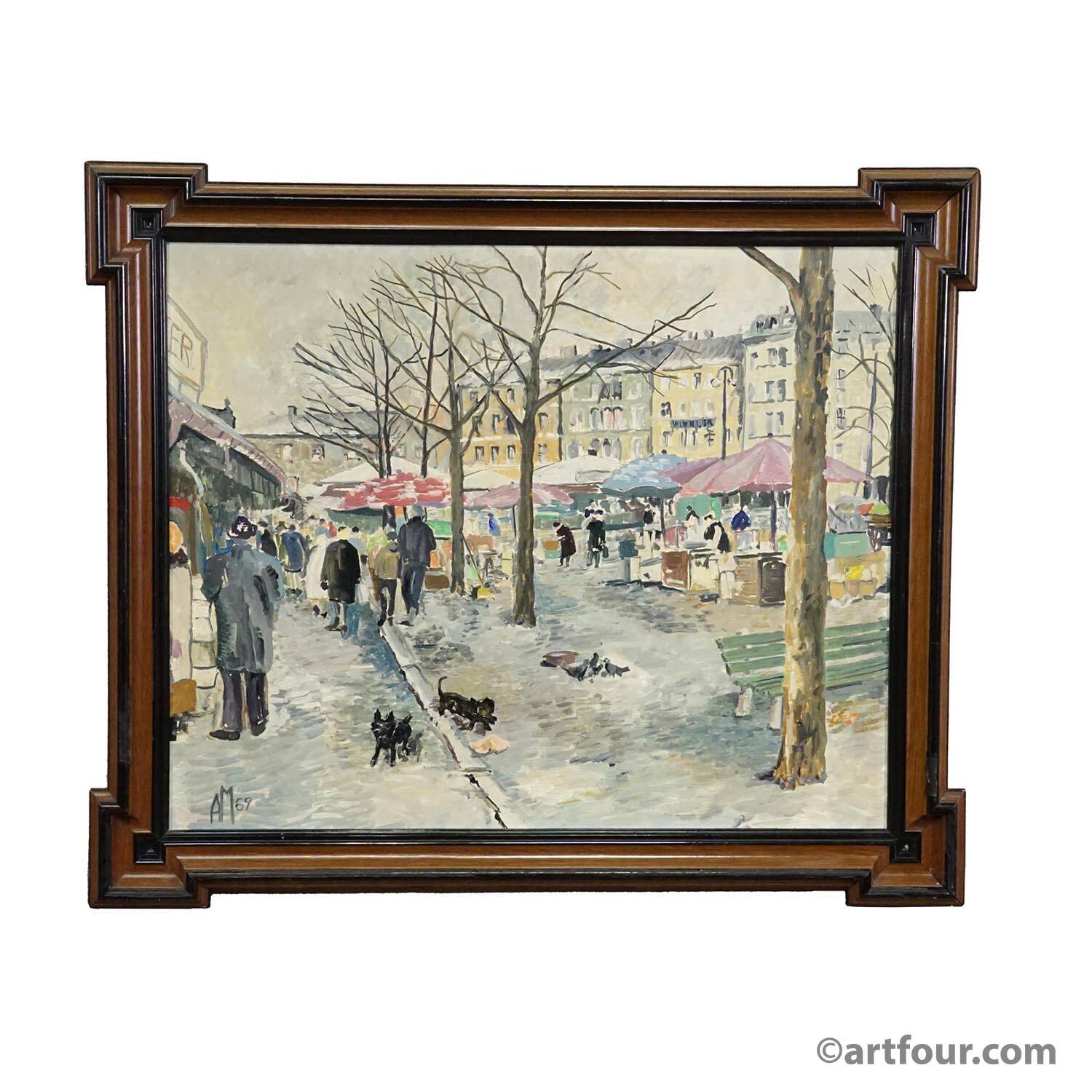 Vintage oil painting of the Viktualienmarkt in winter in Munich by Alexander Michael.