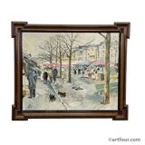 Vintage oil painting of the Viktualienmarkt in winter in Munich by Alexander Michael.