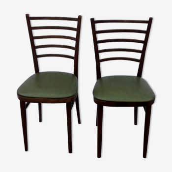 Chaises Thonet assise skaï vert et bois teinté acajou