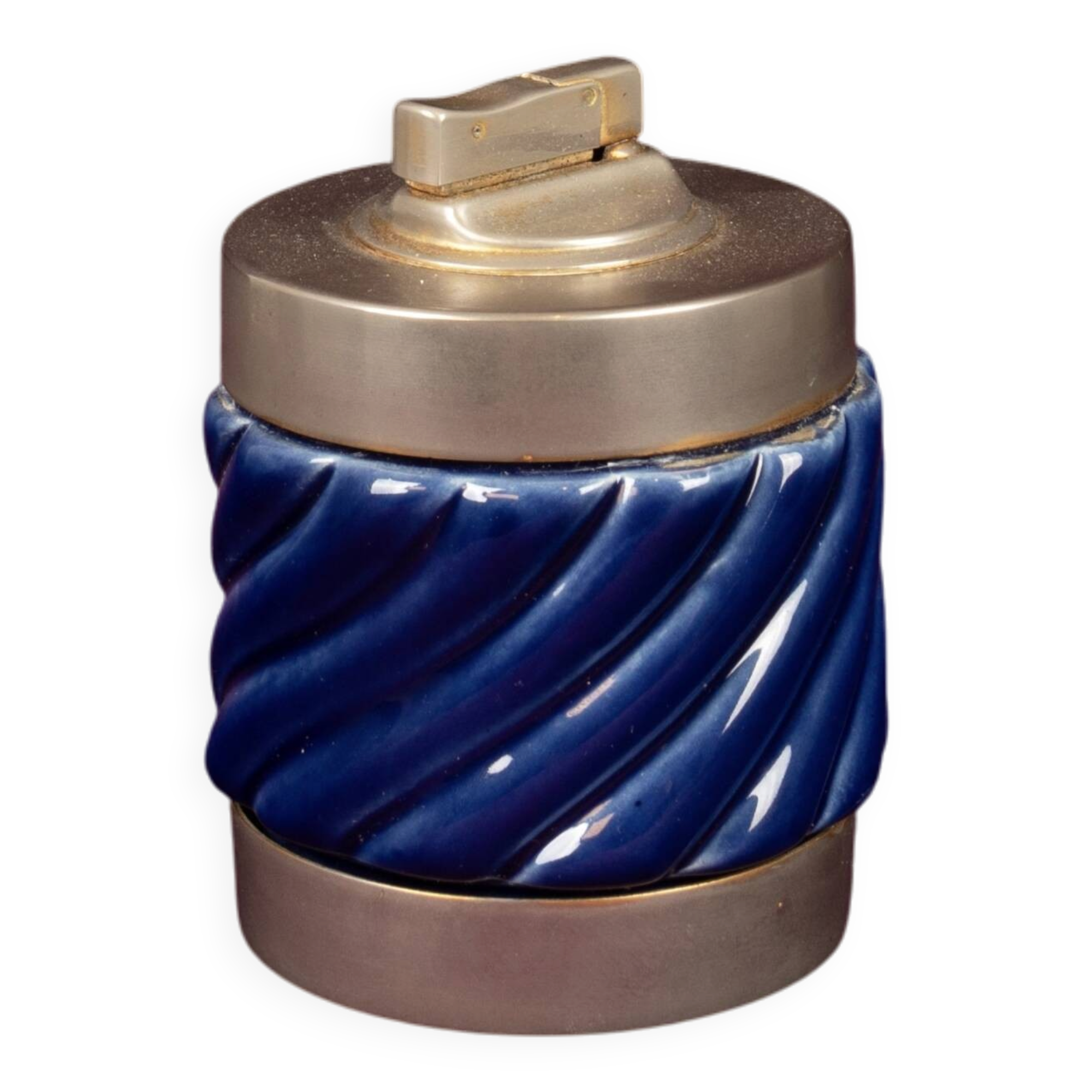 Tommaso Barbi Blue Glazed Ceramic and Brass-Toned Metal Table Lighter, 1970