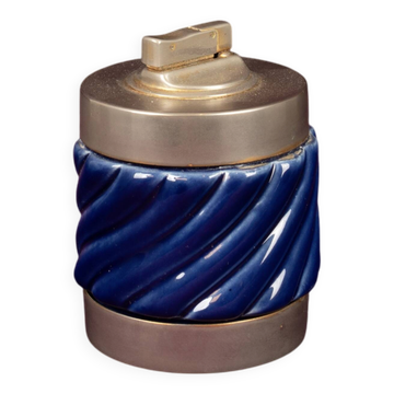 Tommaso Barbi Blue Glazed Ceramic and Brass-Toned Metal Table Lighter, 1970