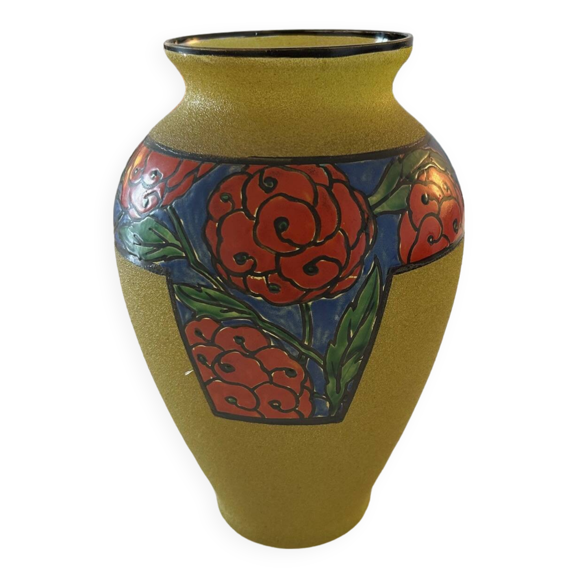 Vase art deco annees 1930 verre emaillé signe verrerie Leune