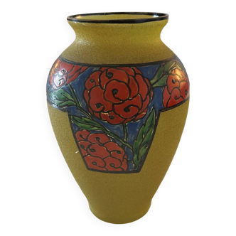 Vase art deco annees 1930 verre emaillé signe verrerie Leune