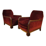 Pair of Art Deco Armchairs, Solid Wood and Red Velvet